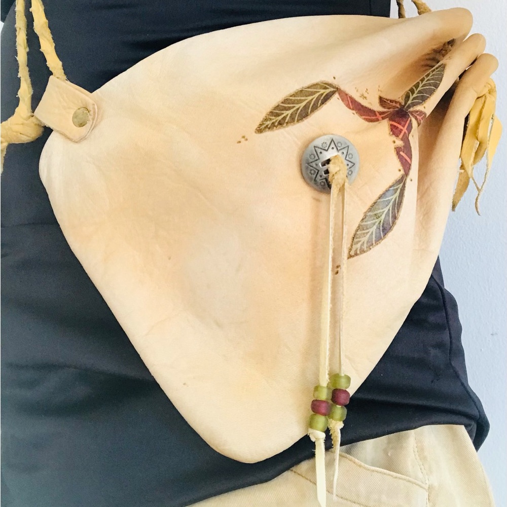Handcrafted Light Tan Leather Crossbody Bag with Boho Bead Detail